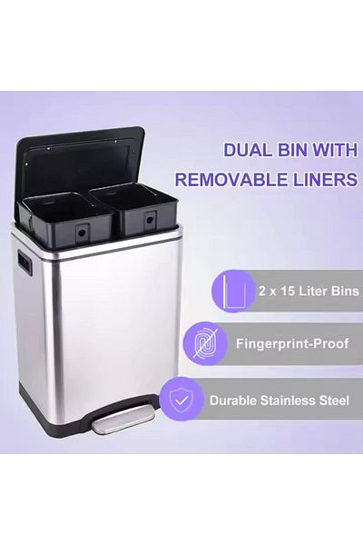 AKC 30l Dual Compartment Stainless Steel Trash Can – 15l X 2 Recycle & Waste Pedal Bin