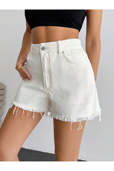 EmWay'S DENİM KADIN YÜKSEK BEL PAÇA PÜSKÜLLÜ KIRIK BEYAZ KOT ŞORT