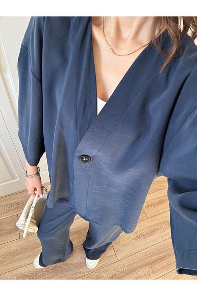 Lavanta Tekstil V Neck Single Button Kimono Pants Suit