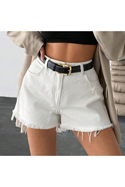 EmWay'S DENİM KADIN YÜKSEK BEL PAÇA PÜSKÜLLÜ KIRIK BEYAZ KOT ŞORT
