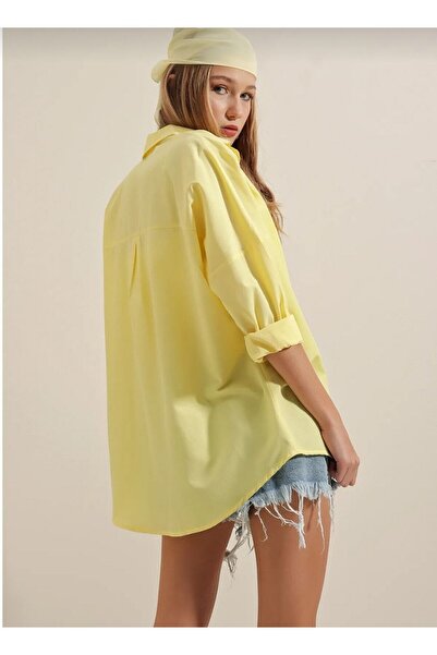 Elmas butik Elmas Kadın Terikoton Oversize Sarı Gömlek