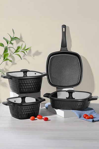 Nehir Royal Elite Square Black Aluminum Cast 7 Piece Cookware Set