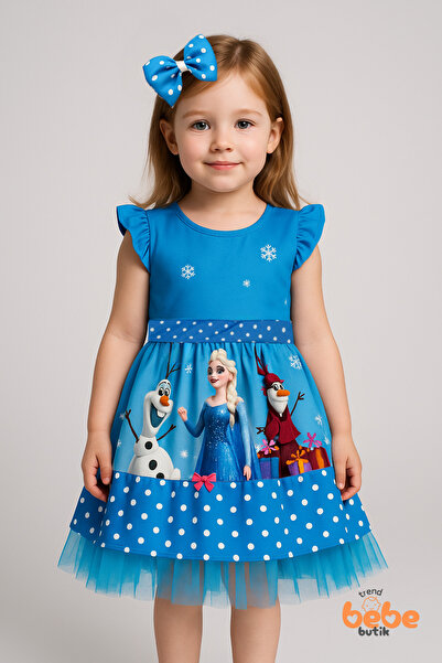 Trend Bebe Butik Mavi Karlar Kraliçesi Temalı Kız Çocuk Elbise Fiyonk Toka Ta...