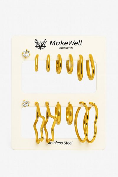 MakeWell Gold Silver Steel Hoop Earrings Set with Stainless Tarnish Steel Heart Star Oval Square Hoop Earrings