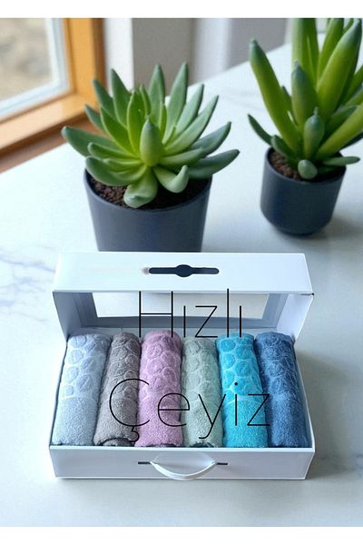 Hızlı Çeyiz Luxury Dowry - Laced Satin, Patterned Box, 50X30Cm, Set of 6 Hand and Face Towels