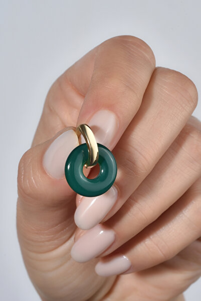 Nox Jewelry 14 Ayar Altın Kaplama Gerçek ve Doğal Donut Onyx Yeşil Taşlı Halka Küpe - ES00155