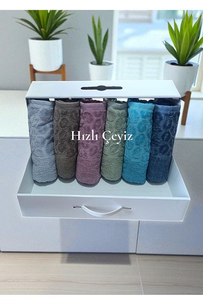 Hızlı Çeyiz Luxury Dowry - Laced Satin, Patterned Box, 50X30Cm, Set of 6 Hand and Face Towels