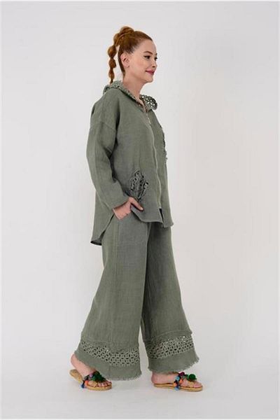 EREN STYLE Italian Bohemian Hooded Jacket Scalloped Trousers Set