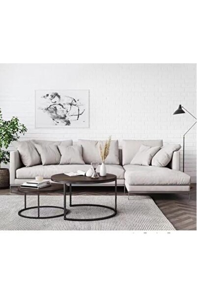 AGD Round Coffee Table Set, Solid Side Tables With Metal Frame, For Living Room Brown Color, Two Pieces