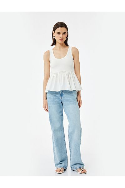 Koton Cotton Two Different Fabrics Use U-Neck Peplum Cut Tank Top