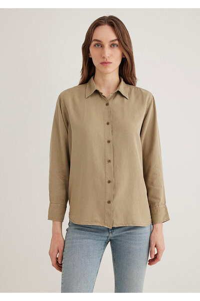 Mavi Keten Karışımlı Haki Tencel Gömlek Loose Fit / Bol Rahat Kesim 1211046-70361