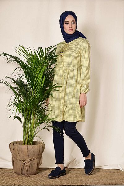 Alvina Square Patterned Neck Lace Balloon Sleeve Tunic 4982