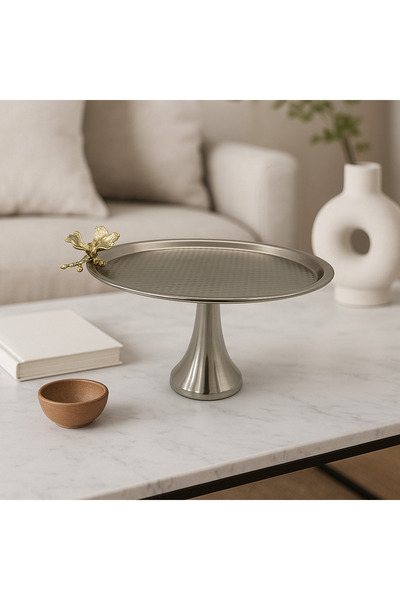 Fiyakalı Ürünler Atölyesi Standing Silver Round Metal Tea and Coffee Serving Tray, Cake, Cake, Cookie, Dowry Presentation Tray