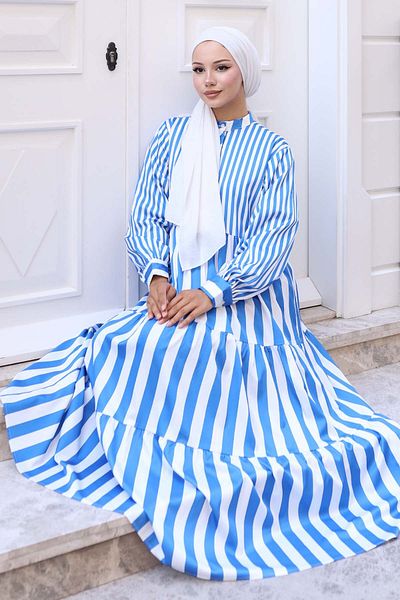 giyze Striped Satin Dress Blue 2114
