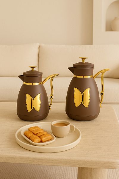 ALSAIF Coffee And Tea Vaccum Flask Set In Brown/gold / Leak-proof And Keeps Drinks Hot 1.0/1.0 Liter