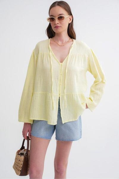 Mixray 4563 Women's Loose Muslin Shirt with Tie Collar and Elastic Sleeves Pastel Yellow