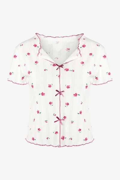 koza iç giyim Women's Floral Print Bow Camisole Short Sleeve Shorts Set