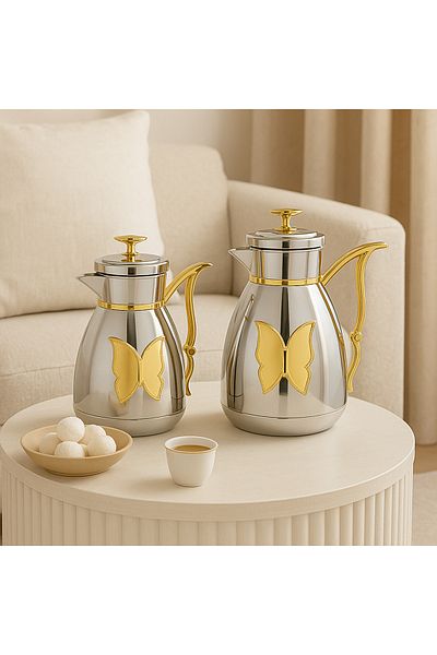 ALSAIF Coffee And Tea Vaccum Flask Set In Nickel/gold / Leak-proof And Keeps Drinks Hot 1.0/1.0 Liter