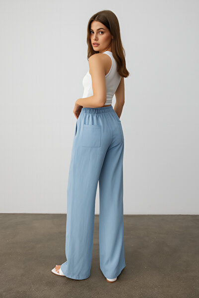 My Blog Modré lněné rovné kalhoty s elastickým pasem