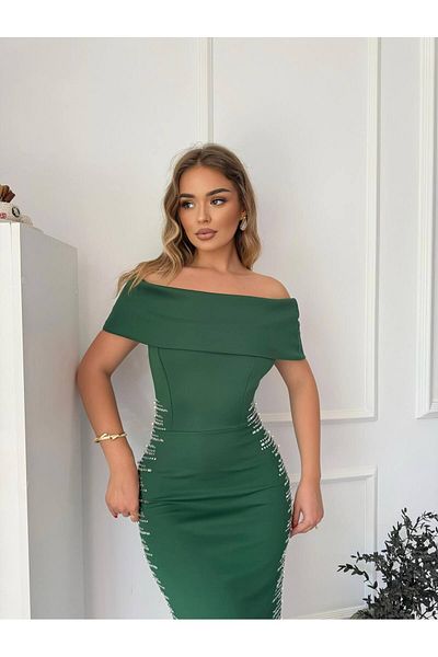 Modafeminen Strapless Neckline Scuba Fabric Dress with Pearls on the Sides Emerald 583242