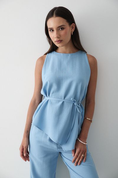JASTE Women's Blue Linen Crew Neck Vest Belted Trousers Suit