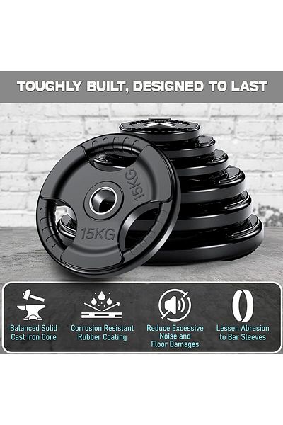 Delta Power Delta Power Fitness Olympic Weight Plates with Rubber Finish, 2" Opening and Tri-Grip Handles, 15 Kg