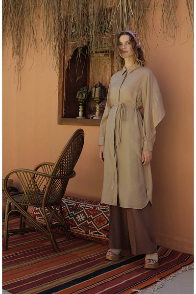 Fatma Atasoy Maxi Milk Brown Tunic with Cape