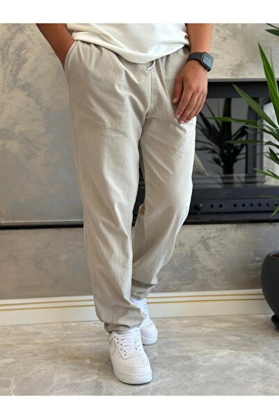 ECARTS Men's Waist Lace-Up Baggy Fit Linen Trousers Beige Eca005