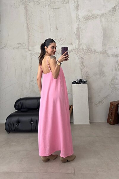 MOLLYMORE Şeker Pembe Renk Full Lıkralı Bürümcük Kumaş Ayarlanabilir Askılı Uzun Elbise