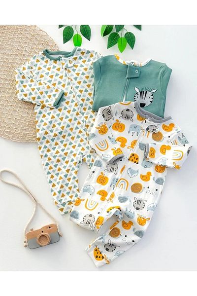 Mıdırık Animal Figured 100% Cotton Zippered Unisex 3-Piece Baby Sleeping Bag Set. 9-12-18 Months