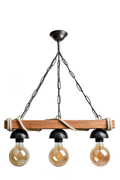 Antik House Otantik Rustik Ahşap Doğal Kütük Halatlı 3'lü Şapkalı Avize