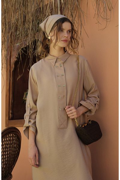 Fatma Atasoy Wide Placket Maxi Milk Brown Tunic