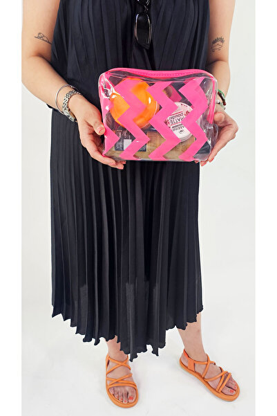 Woys Bags Pembe Renk Kozmetik Çantası - Su Geçirmez Pvc Çizgi Desenli Makyaj Çantası