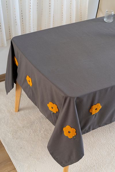 Rivaİstanbul Florita Anthracite Punch Embroidered Worry-Free Stain-Proof Tablecloth 160X220 cm
