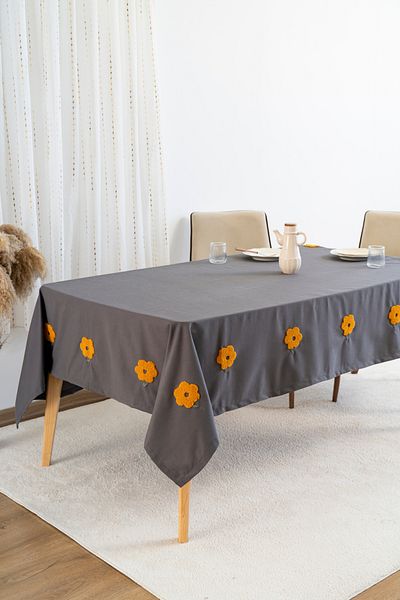 Rivaİstanbul Florita Anthracite Punch Embroidered Worry-Free Stain-Proof Tablecloth 160X220 cm