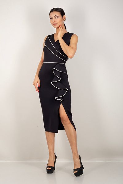 ALFUDO Moda Collection Black and White Stripe Detailed Evening Dress with Slit and Flywheel Detail