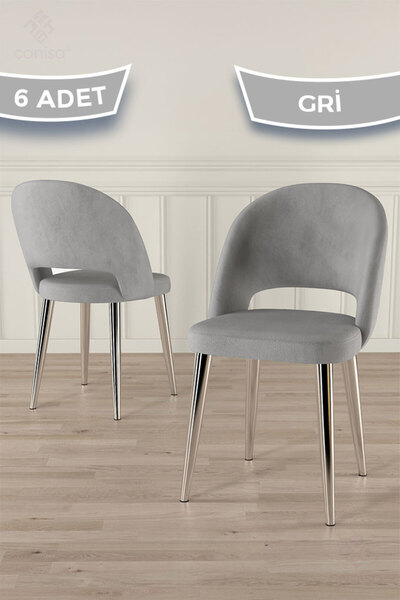 Canisa Pane Serisi 6 Adet Gri Mutfak Sandalyesi Krom Kaplama Metal Ayak 1. Sı...