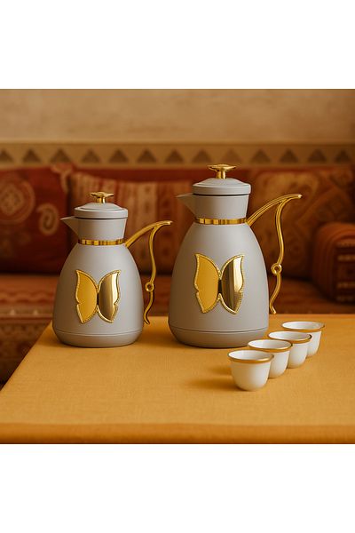 ALSAIF Coffee And Tea Vaccum Flask Set In Grey/gold / Leak-proof And Keeps Drinks Hot 1.0/1.0 Liter