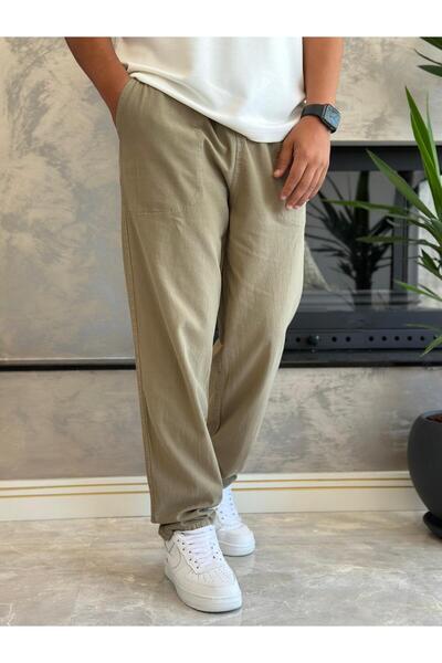 ECARTS Men's Waist Lace-Up Baggy Fit Linen Trousers Khaki Eca005