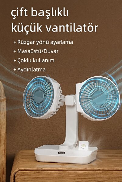 Coverzone Çift Başlı Taşınabilir USB Şarjlı Fan, LED Gece Lambası ve 270° Dönebilir Baş, Ev, Ofis, Kamp CZ-01X