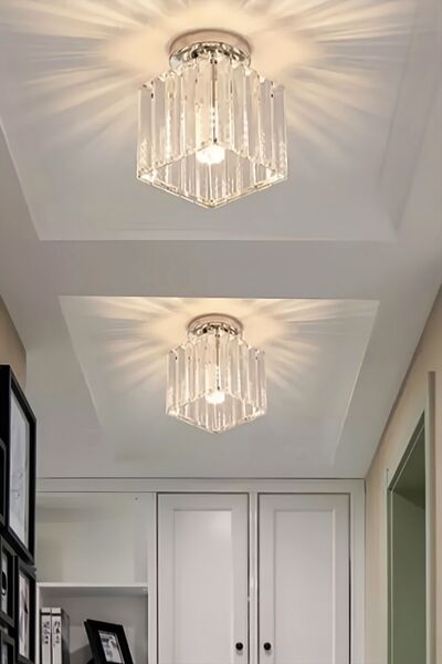 Luna Lighting Meriva Model Modern Luxury Plafonyer Oda Hol Antre Koridor Salon Krom Kare Kristal Taşlı Avize