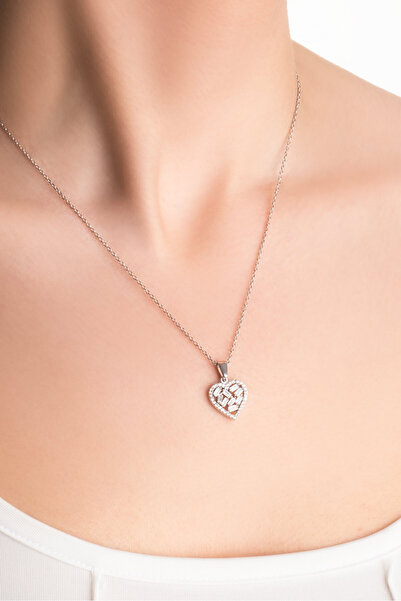 So CHIC... Baget Taşlı 18 Ayar Beyaz Altın Kaplama 45 cm  Gümüş Kalp Kolye
