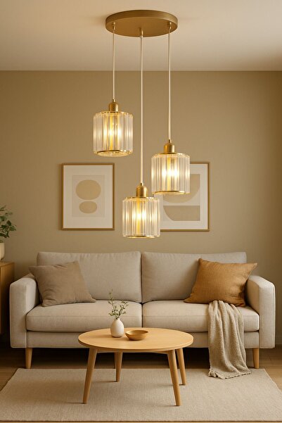 Luna Lighting Radiosa Gold Renk Kristal Taşlı Dekoratif Modern Salon Mutfak Hol Oda Antre Üçlü Sarkıt Avize