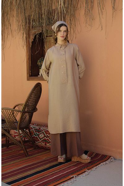 Fatma Atasoy Wide Placket Maxi Milk Brown Tunic