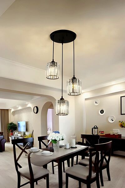 Luna Lighting Radiosa Model Siyah Renk Taşlı Dekoratif Salon Mutfak Yatak Odası Hol Antre Üçlü Sarkıt Avize