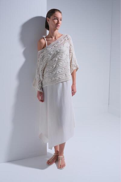 JOIN US Triko Bluz Parçalı Ekru Elbise