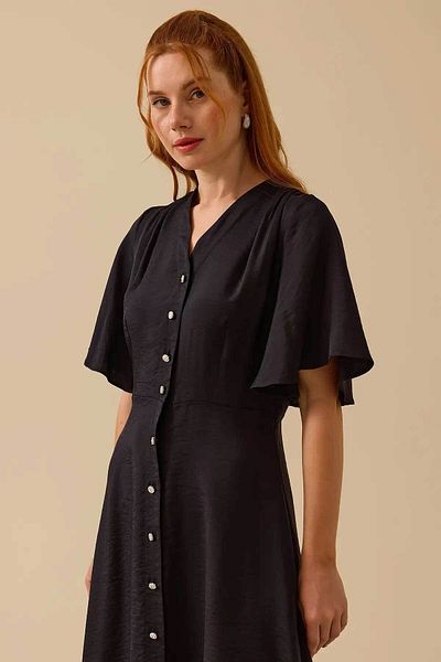 SEÇİL Women's Button Detailed Flounce Sleeve Midi Dress - Black