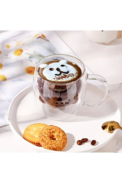ARVALE Ayıcıklı Çift Cidarlı Tasarım Cam Kupa 250 ml - Hediyelik Çift Cidarlı Ayıcık Kupa