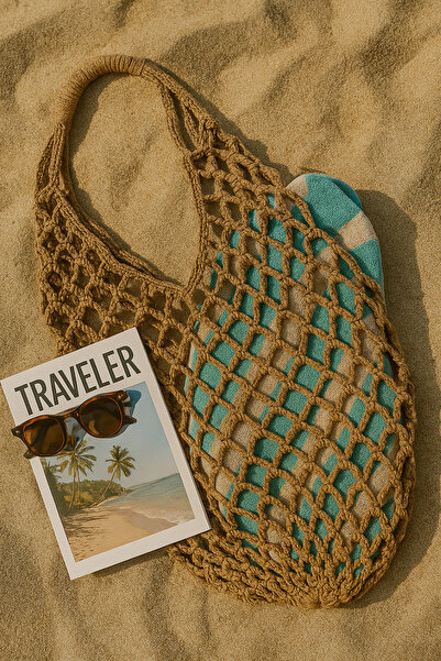 Lowcaye Handmade Bohemian Style Beach Mesh Bag – Natural Color Knitted Bag