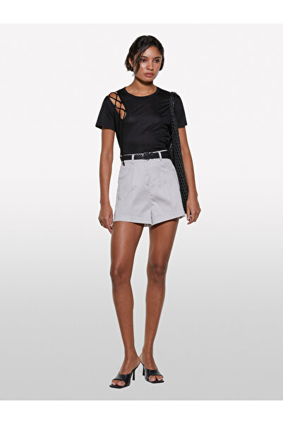 Sisley Women's Black 100% Lyocell Shoulder Detailed Crew Neck Relax Fit T-Shirt